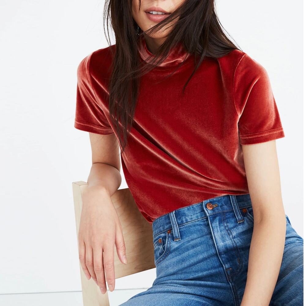 Madewell Velvet Mockneck Tee Burnished Rust Orange High Neck Casual Top Small